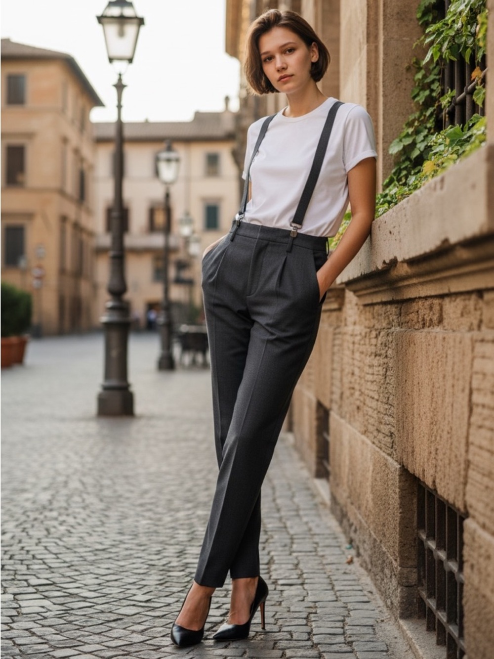 Brunello Cucinelli Dark Gray Tailored Trousers with Suspenders
